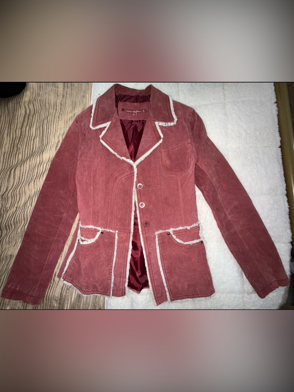 Dusty Rose Suede-Style Blazer with White Fringe Trim